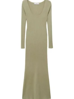 Robe longue kaki claire en maille côtelée à coupe près du corps et à col rond