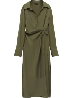 Robe longue kaki unie avec une coupe droite à col français et à manches longues