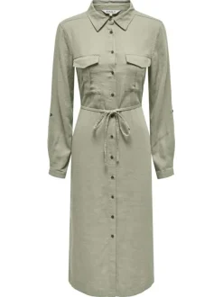 Robe longue kaki unie coupe droite col français et à manches longues
