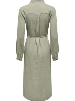 Robe longue kaki unie coupe droite col français et à manches longues