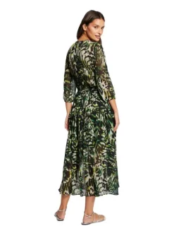 Robe longue kaki zébrée à coupe fluide col cache-cœur et à manches longues
