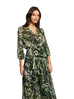 Robe longue kaki zébrée à coupe fluide col cache-cœur et à manches longues