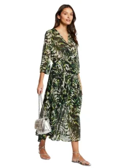 Robe longue kaki zébrée à coupe fluide col cache-cœur et à manches longues