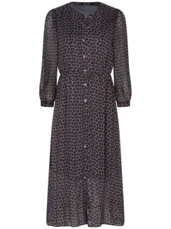 Robe longue marine avec une coupe ajustée un col mao et une taille élastiquée