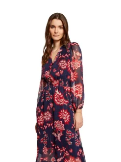 Robe longue marine fleurie à coupe ajustée col v et à manches longues