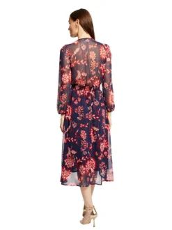 Robe longue marine fleurie à coupe ajustée col v et à manches longues