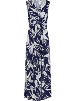 Robe longue marine sans manche à coupe cintrée pourvue d'un col v croisé