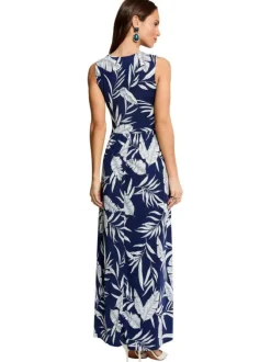 Robe longue marine sans manche à coupe cintrée pourvue d'un col v croisé