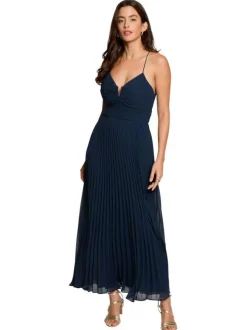 Robe longue marine unie avec une coupe évasée et un col en V