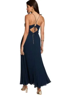 Robe longue marine unie avec une coupe évasée et un col en V