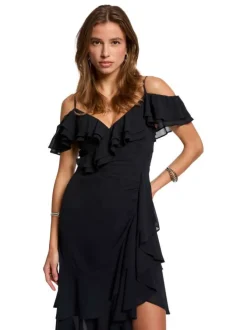 Robe longue marine unie pourvue d’une coupe asymétrique et d’un col en V