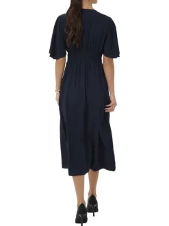 Robe longue marine unie pourvue d'une coupe cintrée avec une taille élastiquée