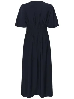 Robe longue marine unie pourvue d'une coupe cintrée avec une taille élastiquée