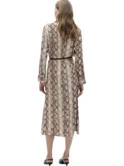 Robe longue marron à imprimé serpent droite, à col français et à manches longues