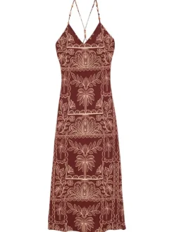 Robe longue marron à motifs sans manche pourvue d'une coupe évasée