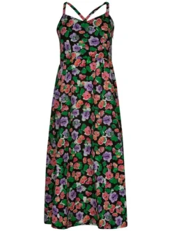 Robe longue multicolore en coton à maille effet gaufrée col v à bretelles