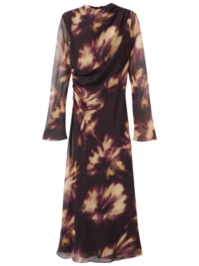 Robe longue multicolore en tulle à col rond ornée d'un motif floral abstrait