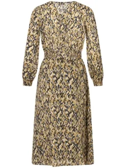Robe longue multicolore à imprimé, cintrée avec col v à manches longues