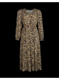 Robe longue multicolore à imprimé, cintrée avec col v à manches longues