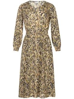 Robe longue multicolore à imprimé, cintrée avec col v à manches longues