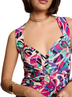 Robe longue multicolore à imprimé végétal, coupe cintrée, col v et sans manches