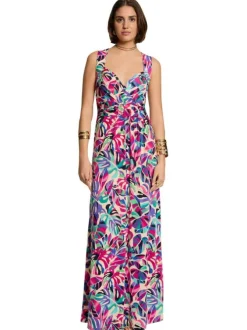 Robe longue multicolore à imprimé végétal, coupe cintrée, col v et sans manches