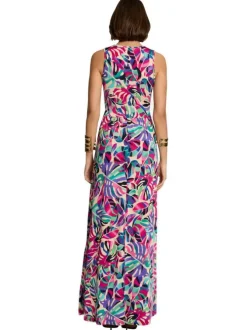 Robe longue multicolore à imprimé végétal, coupe cintrée, col v et sans manches