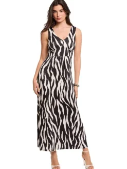 Robe longue noire et blanche à coupe droite ornée d'un motif animalier