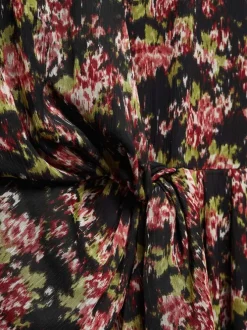 Robe longue noire fleuri avec une coupe midi et un col cache-coeur