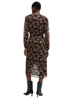 Robe longue noire fleuri avec une coupe midi et un col cache-coeur