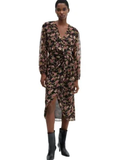 Robe longue noire fleuri avec une coupe midi et un col cache-coeur