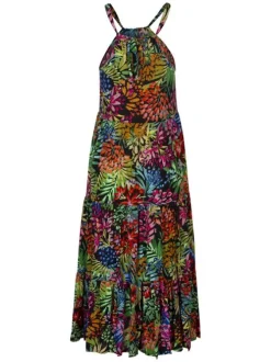Robe longue noire fleurie avec un col cheminée à bretelles noué dans le dos