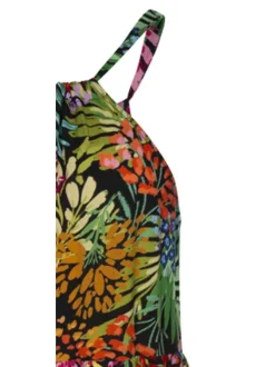 Robe longue noire fleurie avec un col cheminée à bretelles noué dans le dos