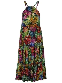 Robe longue noire fleurie avec un col cheminée à bretelles noué dans le dos