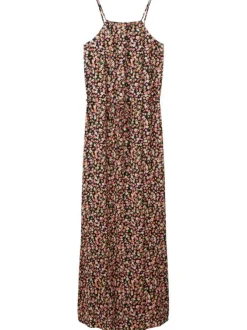 Robe longue noire fleurie avec un col ras du cou et des bretelles