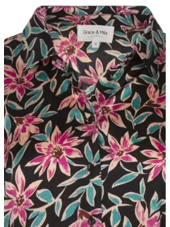 Robe longue noire fleurie avec une coupe droite col italien et à manches longues