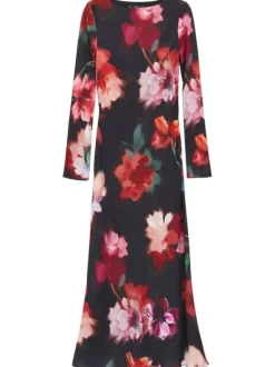 Robe longue noire imprimée avec une coupe droite à col rond