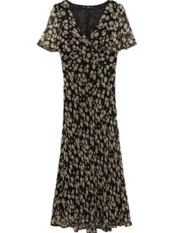 Robe longue noire imprimée avec une coupe droite à col v et des manches courtes