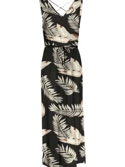 Robe longue noire à imprimé végétal, cintrée à col v et sans manches