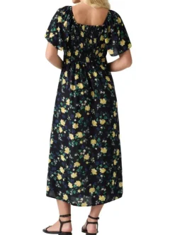 Robe longue noire à motif floral avec une coupe droite et des manches courtes