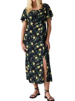 Robe longue noire à motif floral avec une coupe droite et des manches courtes