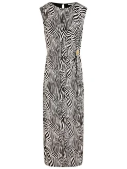 Robe longue noire à motifs pourvue d'une coupe moulante et d'un col rond