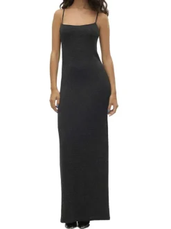 Robe longue noire pailletée avec une coupe slim fit un col rond et des bretelles