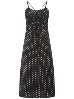 Robe longue noire à pois sans manches avec une coupe droite et un col rond