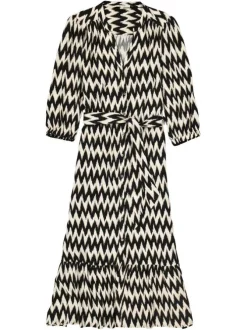 Robe longue noire rayée à coupe ajustée col v et à manche 3/4