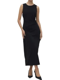 Robe longue noire unie avec col rond et effet drapé à l'avant