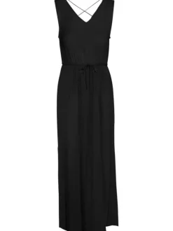 Robe longue noire unie avec une coupe droite à col rond et un dos nu