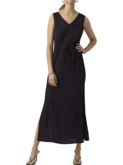 Robe longue noire unie avec une coupe droite à col rond et un dos nu