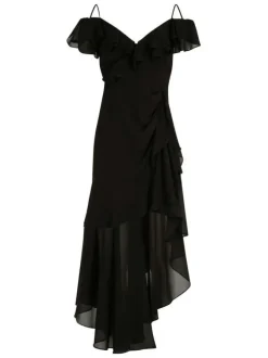 Robe longue noire unie pourvue d’une coupe asymétrique et d’un col en V