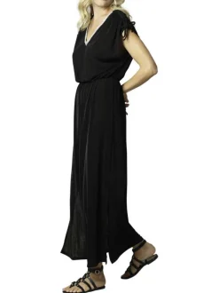 Robe longue noire unie resserrée à la taille à coupe droite fluide et à col v